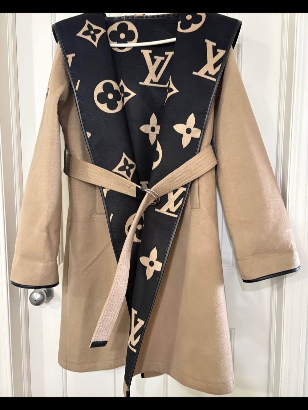 Louis Vuitton Beige Coat with Black Monogram Hooded Lining
